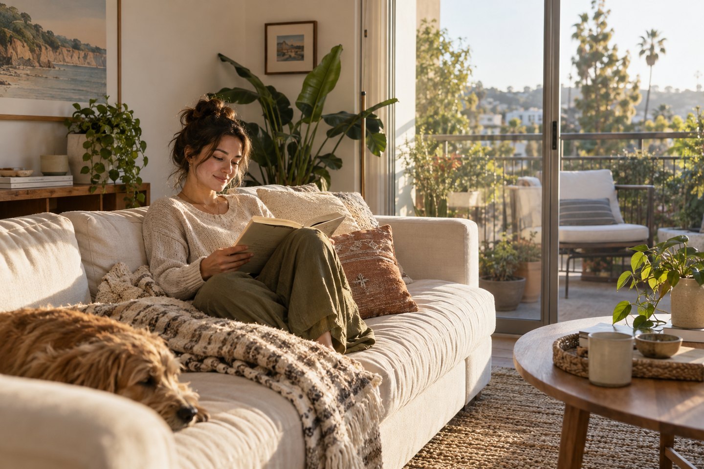 A resident relaxing with a book in a sunlit apartment